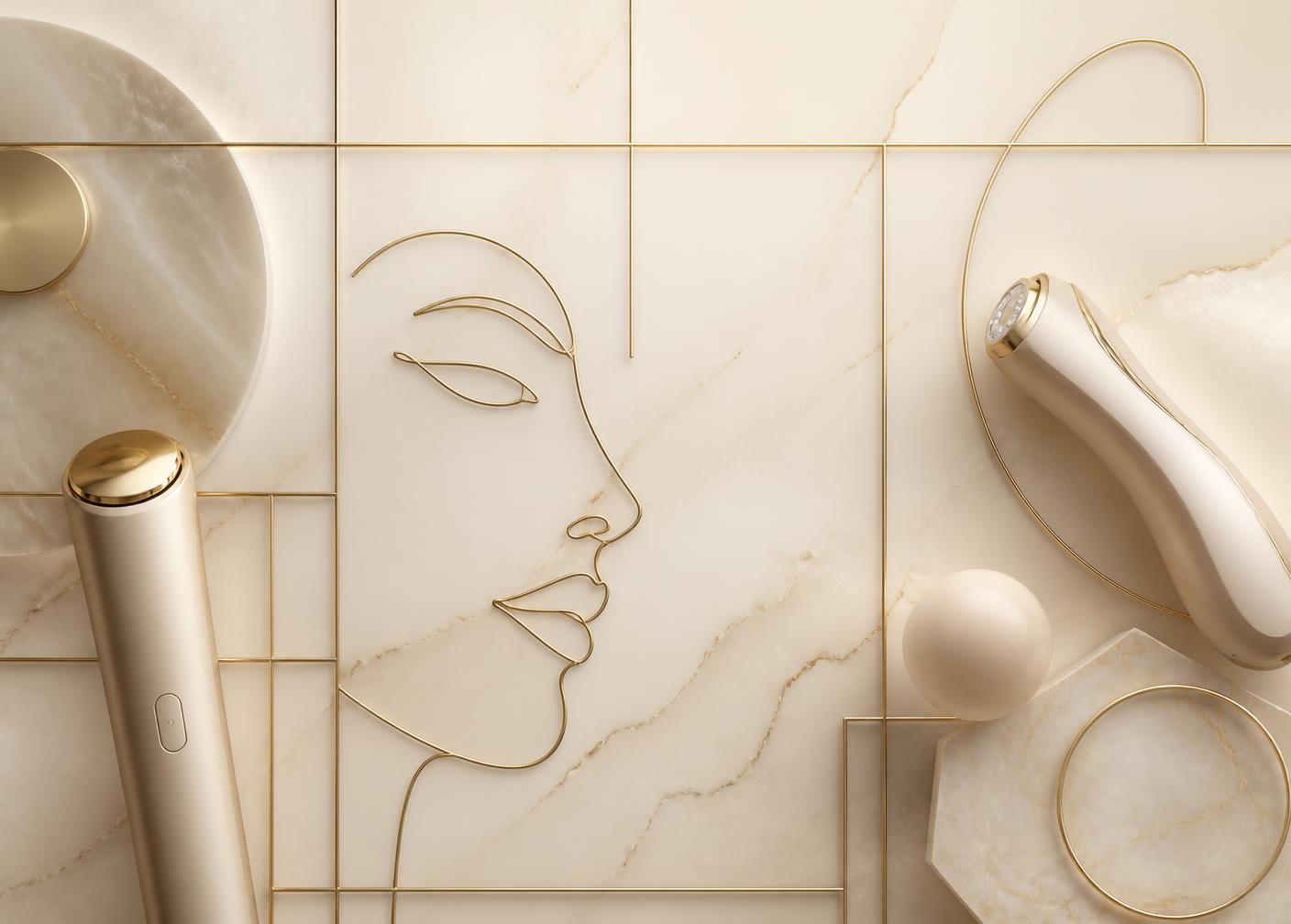 Abstract editorial still life of beauty technology devices with gold linework